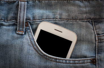 mobile phone in jeans pocket with black screen