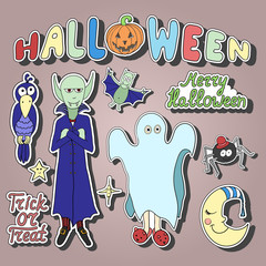 Set of cartoon halloween characters and words. Merry halloween.