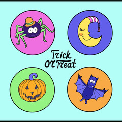 Set of halloween characters: spider in hat, smiling moon, pumpki