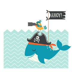 Funny pirate card with whale, parrot and copy space.