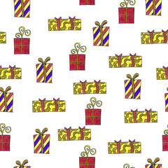 Seamless pattern with cartoon giftboxes isolated on white backgr