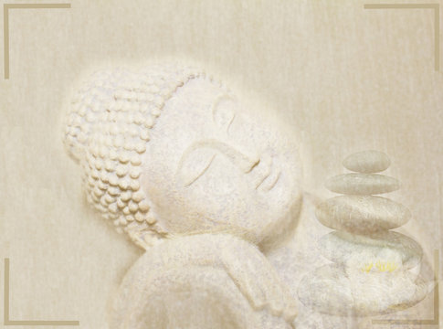 Buddha Statue mit Steinen und Seerose - Hintergrund schlicht