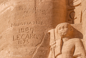 Old, 19 century, graffiti on ancient ruins of Abu Simbel Temple, Abu Simbel, Egypt
