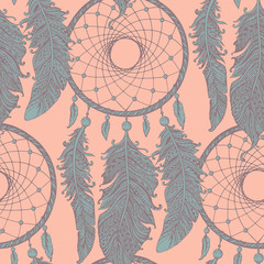 Seamless pattern with hand drawn dream catchers  