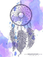 Hand drawn dream catcher with ornamental feathers 