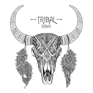 Hand drawn Vector illustration of bull skull with feathers.