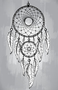 Dream catcher with feathers, in line art style.