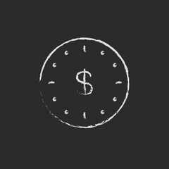 Wall clock with a dollar symbol icon drawn in chalk.
