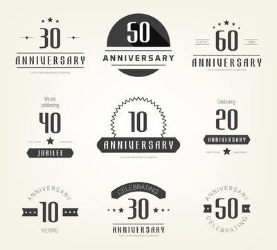 Vector set of anniversary signs, symbols. 10, 20, 30, 40, 50, 60 years jubilee design elements collection.