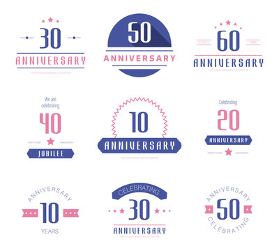 Vector set of anniversary signs, symbols. 10, 20, 30, 40, 50, 60 years jubilee design elements collection.