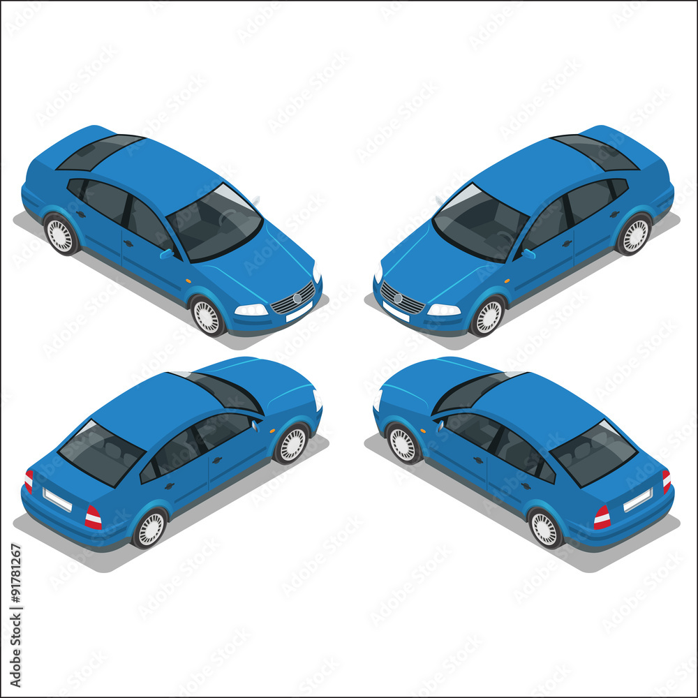 Wall mural Flat 3d isometric high quality city transport icon set. Dark blue car. Sedan automobile.