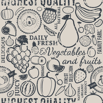 Typographic vector fruits and vegetables retro styled seamless p