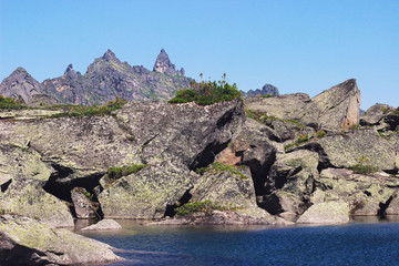 Beautiful mountain landscape with stones and mountain lake. Ergaki national park. Russia. 
