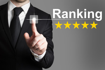 businessman pushing button ranking five rating stars