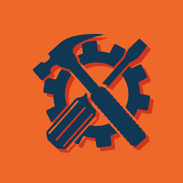 Crossed screwdriver and hammer tools, vector