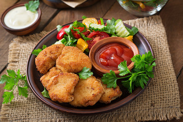 Chicken nuggets and sauce on a wooden background