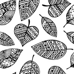 Fototapeta premium Black line graphic leaves seamless pattern