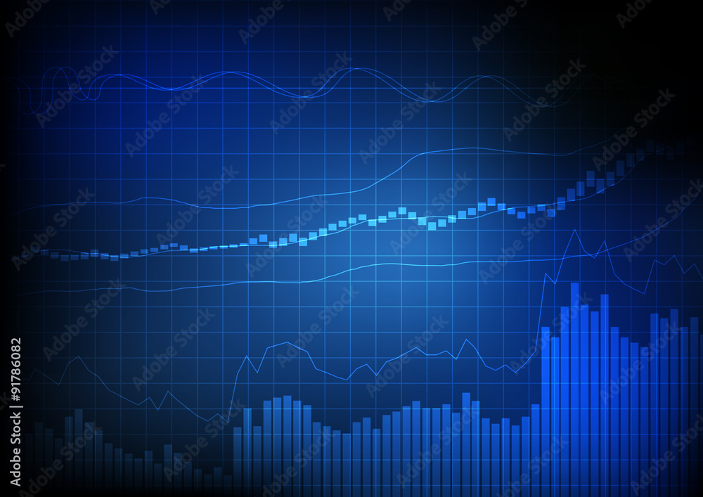Poster vector : business bar chart and line chart on grid blue backgrou