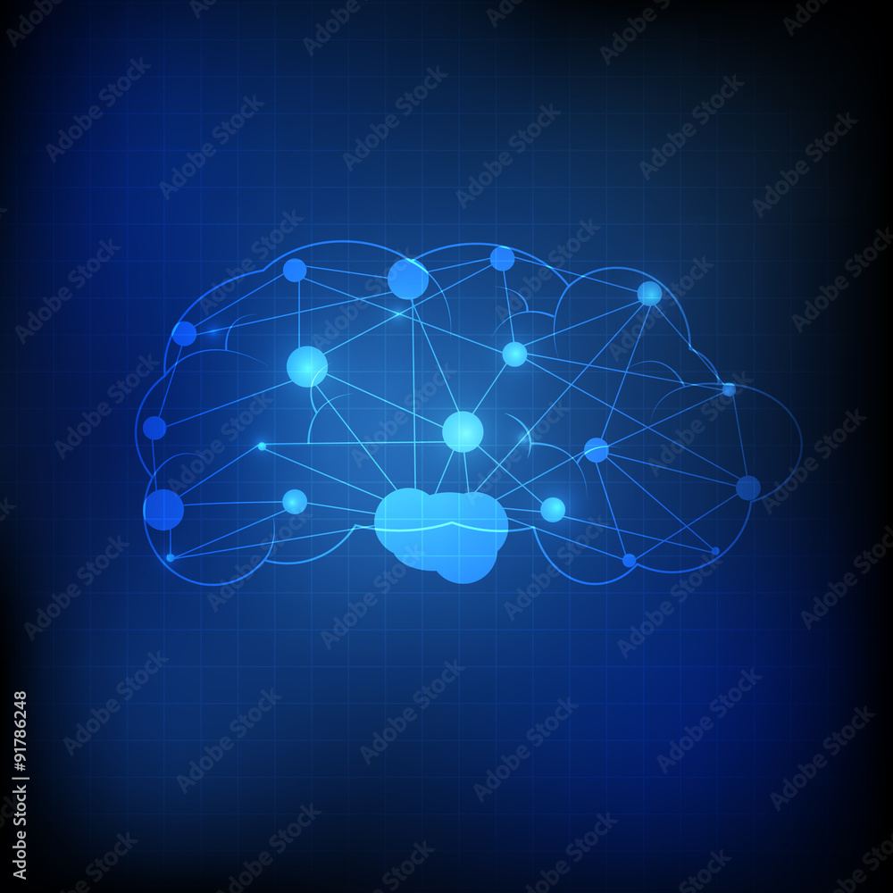 Poster vector : brain and circle with network on blue grid background
