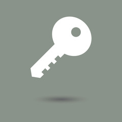 Key icon in modern style with shadow and gray background. Symbol of security and access.