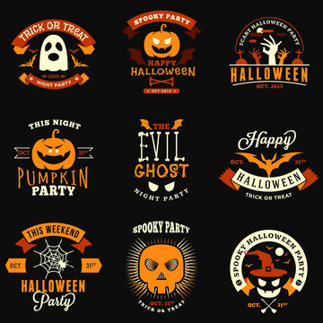Set of Retro Vintage Halloween Badges, Labels. Halloween Night Party. Vector Illustration