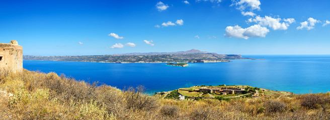 View on sea bay and old venitian fortress in Aptera on Crete island