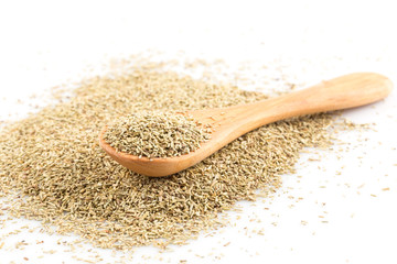 Dried rosemary leaves in wooden spoon