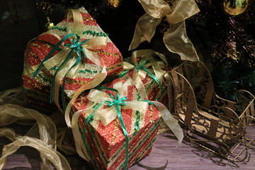 Christmas Gift Box With A Gold Ribbon Bow