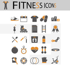 Fitness icons. Set of vector icons for fitness in gray with orange.