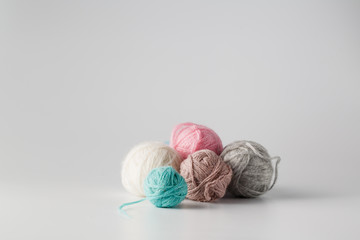 Clews of colored yarn