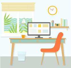 flat light workplace. summer window view. vector illustration