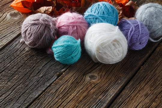 Clews of colored yarn