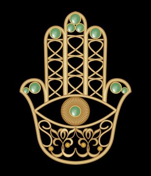 Golden Miriam hand with eye shape in filigree design with green  emerald gem, amulet of protection
