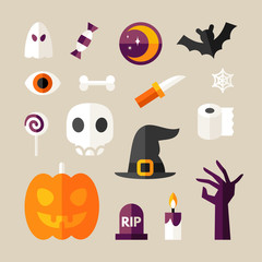 Set of Halloween Vector Illustrations and Decorative Elements. Pumpkin, Skull, Bone, Hand, Grave, Candle, Moon, Ghost