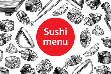 Panele Szklane Podświetlane  Ilustracja wektorowa menu restauracji vintage sushi.