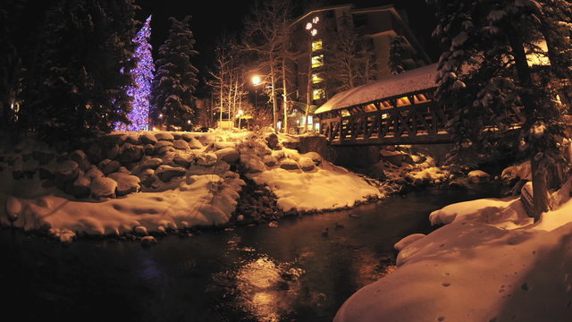 Night time lapse of Gore Creek flowing through Vail, Colorado.
