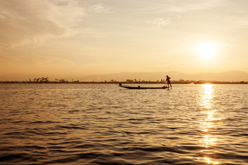 Fishermen in Inle lakes sunset, Myanmar.
