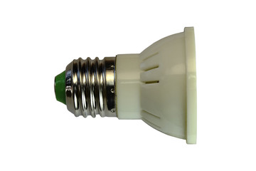 LED lamp isolated on a white  background  with clipping path. Closeup with no shadows.  5 watts.  Energy-saving technology. The lamp with a conventional socket.