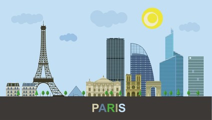 Historical and modern buildings of Paris. Urban landscape of the Eiffel Tower. Vector illustration.