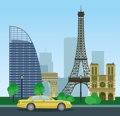 Historical and modern buildings of Paris. Urban landscape of the Eiffel Tower and taxis. Vector illustration.