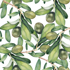 watercolor seamless background with green olive branches. original floral pattern