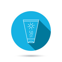 Sun cream container icon. Beach lotion sign.