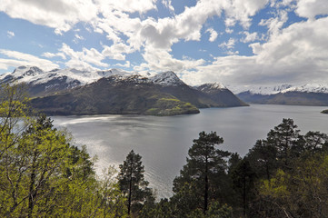 Naklejka na ściany i meble Norwegian nature / There are mountains plunging into the sea from hundreds of metres, fjords, tall mountain peaks, northern lights and midnight sun.
