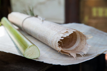 Rolled up papyrus paper leaf and a cut section of the plant laid on a papyrus layer