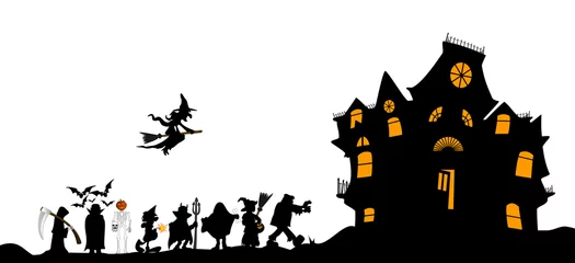 Deurstickers halloween walk with haunted house © carmelod