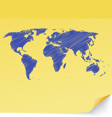 Scribbled world map drawn on a yellow sticky note