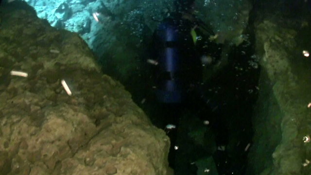 A scuba diver explores underwater caves in Florida.
