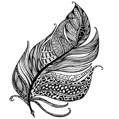 hand drawn line art of feather with ornaments