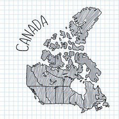 Grey and black pen hand drawn Canada map vector on paper