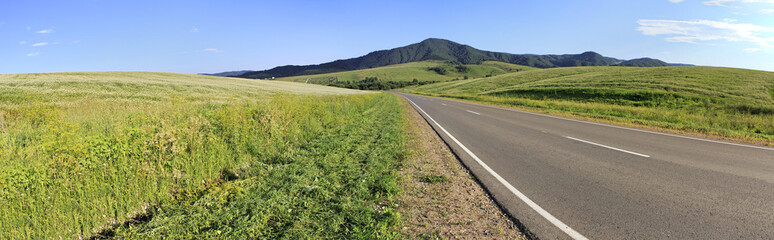 Beautiful panorama the road among farm fields.